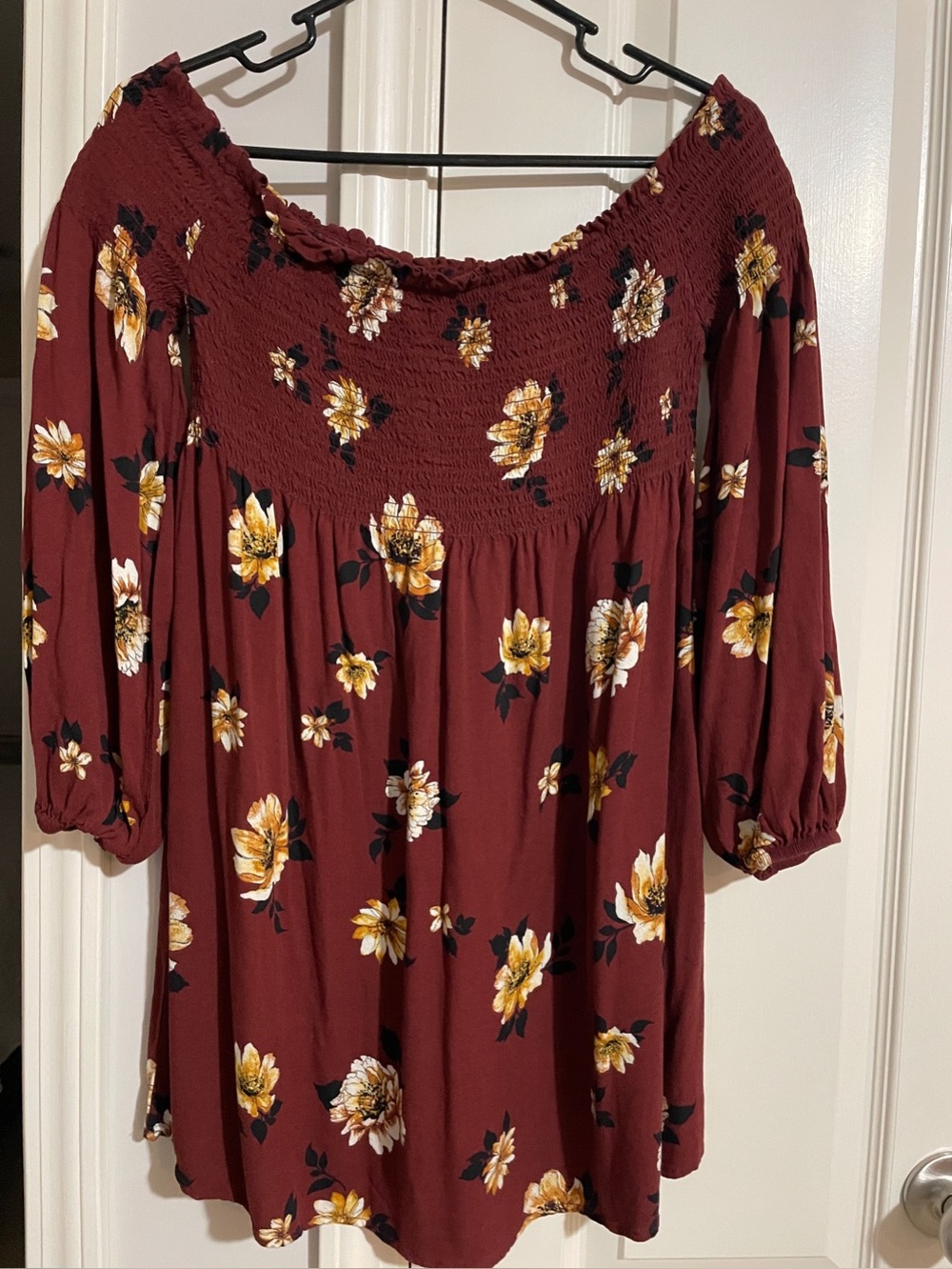 Xhilaration Burgundy Floral Smocked Top